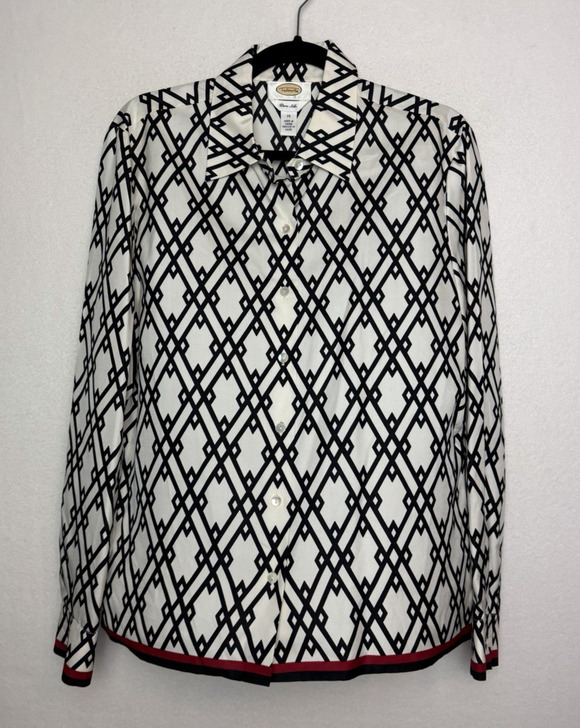 Talbots Tops - Talbots Silk Black White Geometric Diamond Long Sleeve Button Up Blouse Size 14
